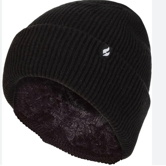 HEAT HOLDERS Women's Ribbed Cuff Beanie Hat Faux Fur Lining One Size -Black NWOT - Picture 1 of 3